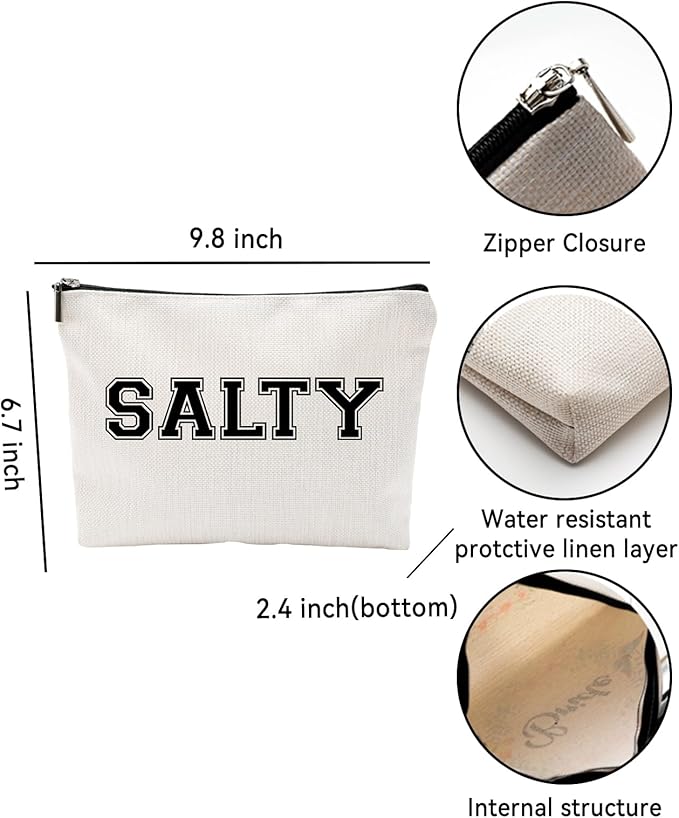 Funny Makeup Bag for Women - "SALTY" Sassy Cosmetic Pouch - Preppy Varsity Letter Style Travel Toiletry Organizer - Cute Beige Canvas Zipper Clutch for Beach Vacation, College Dorm & Best Friend Gift