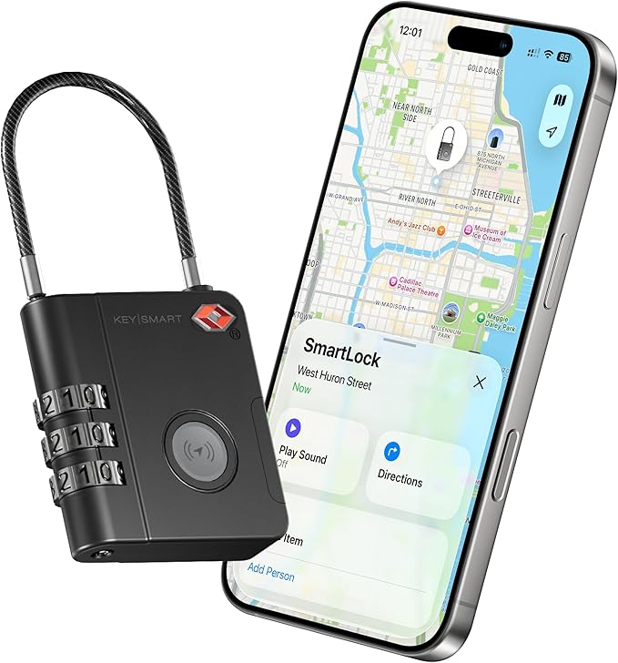 KeySmart SmartLock Tracking Luggage Locks, TSA Locks for Luggage, GPS Tracker, Combination Lock Compatible with Apple Find My App, Best Travel Essentials, Replaceable Non-Rechargeable Battery (1 Pack)