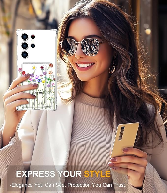 Compatible with Samsung Galaxy S24 Ultra Case Card Holder for Women Cute Design,Wallet Phone Cases Transparent Cool Kawaii Protective (Clear Flower Floral Bouquet)