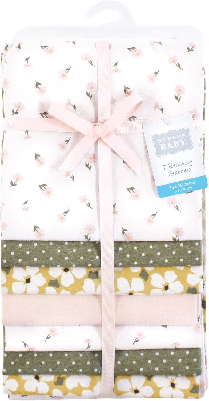 Hudson Baby Unisex Baby Cotton Flannel Receiving Blankets Bundle, Sage Floral, One Size