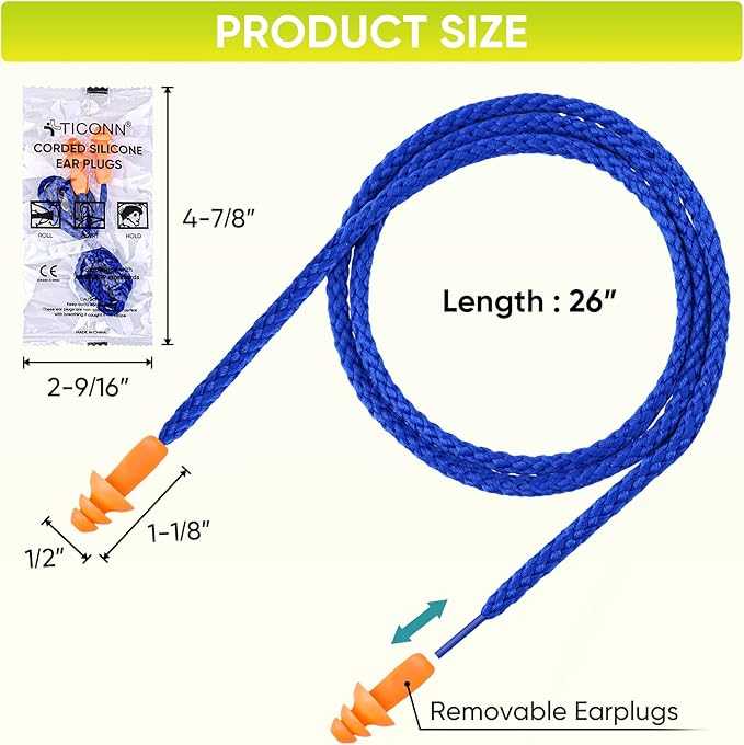 TICONN 100 Pairs Reusable Silicone Ear Plugs for Sleeping Noise Cancelling, Individually Wrapped 25dB NRR Corded Earplugs for Study Concentration Travel (100 Pairs)