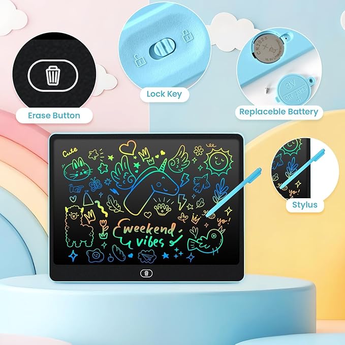 LCD Writing Tablet for Kids, 16 Inch Doodle Board Drawing Pad, Toddler Travel Essential, Road Trip Activities Outdoor Toys, Party Favor for Preschool Girls and Boys, Birthday Gifts Age 3-5, Blue