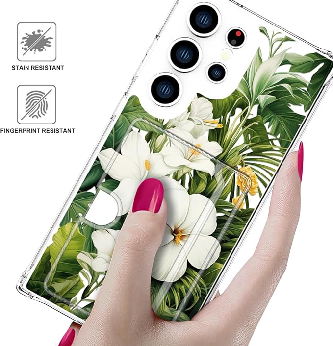 Compatible with Samsung Galaxy S24 Ultra Case Card Holder for Women Cute Design,Wallet Phone Cases Transparent Cool Kawaii Protective (Clear Green Flowers Tropical Jungle)