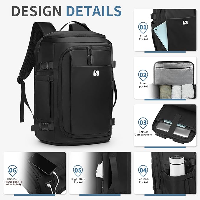 35L Travel Backpack 17" Laptop Backpack W/USB-C Port, Expandable Carry-On Bag, TSA Flight Approved Water-Resistant for Business College, Black