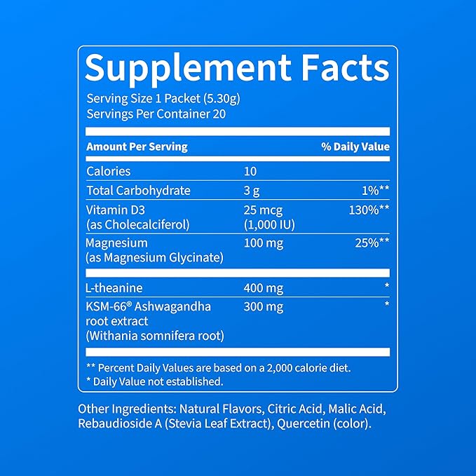 Nello Supercalm Powdered Drink Mix, Cortisol Reducer* and Sleep Aid Supplement, L Theanine, Ksm-66 Ashwagandha, Magnesium Glycinate, Vitamin D 3, No Sugar, Non GMO, On The Go, 20 Ct, Lemon Lime