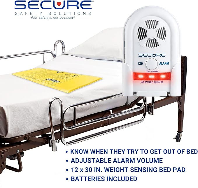 Secure Safety Solutions Bed Alarm for Elderly Adults - 12x30 Sensor Pad, 120db Monitor - Fall Prevention for Dementia Patients, Seniors - Weight Sensing Pad Alerts Caregiver When They Get Up
