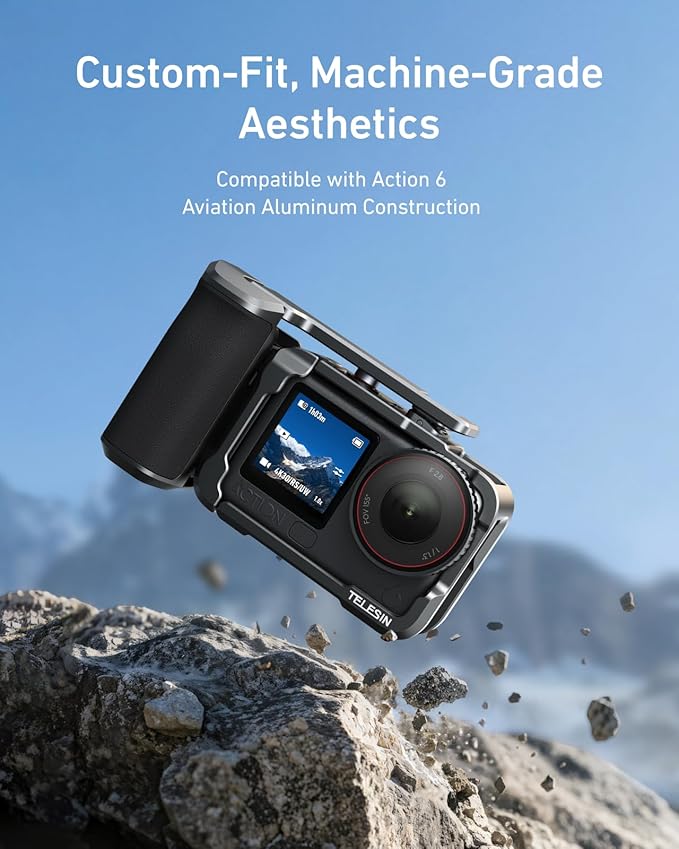TELESIN Metal Aluminum Alloy Street Grip Kit for DJI Action 6 with Metal Cage Camera Grip Holder with Seesaw Shutter Button Aluminum Alloy Shell Backup TF Card Slot Quick Battery Access