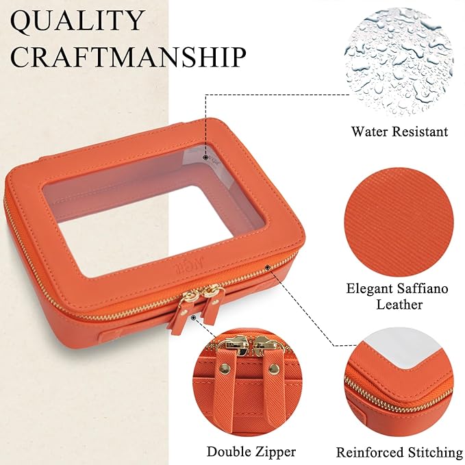 NGIL Clear Faux Leather Travel Toiletry Bag, Makeup Bag Organizer for Women, Clear Window & Gold Zipper Makeup Bag, Road Trip Essential, Skincare, Cruise Ship Essentials (Orange)