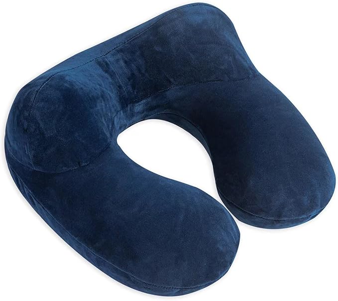 Inflatable Travel Pillow, Neck Pillow Support for Traveling, Airplanes, Cars, and Offices with Compact Carrying Bag, Soft Velvet Washable Cover, Ideal for Adult Sleepers (Blue)
