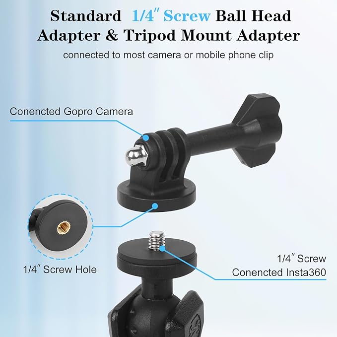 Camera Mount with 360°Dual Ball Head, Motorcycle Handlebar Mounting Bundle Kit for lnsta360 X5/X4/X3/X2/Gopr01/4-20 & Tripod Adapter, Action Camera Mount Adapter for M6 Hole Base,75017