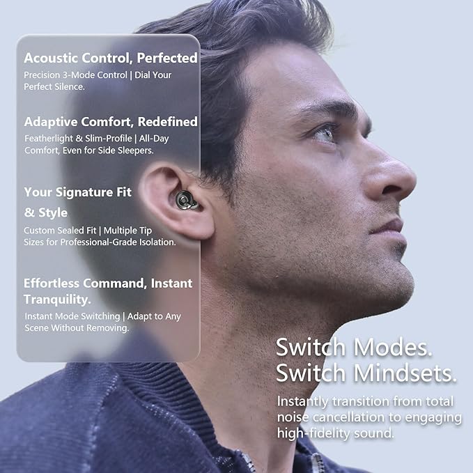 3-Mode Adjustable Ear Plugs for Sleeping, Up to 32dB Noise Reduction & Side Sleeper Design, High Fidelity Concert Earplugs for Focus, Travel, Snoring Blocking.