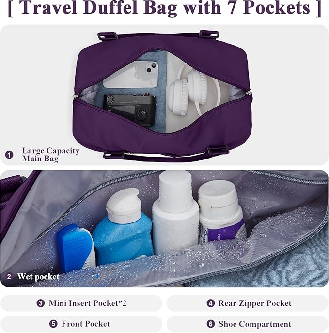 Travel Duffel Bag with Shoes Compartment, Carry on Overnight Weekender Bags for Women, For Spirit Airlines 18x14x8 Personal Item Bag