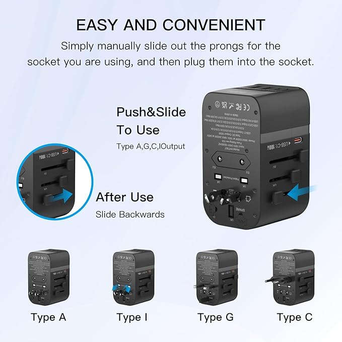 HAPOW Universal Travel Adapter, PD100W International Power Adapter,3 USB-C & 2 USB-A Fast Charging Travel Charger, All in One Worldwide Travel Plug Adapter, Outlet Adapter for EU UK USA AU, Black