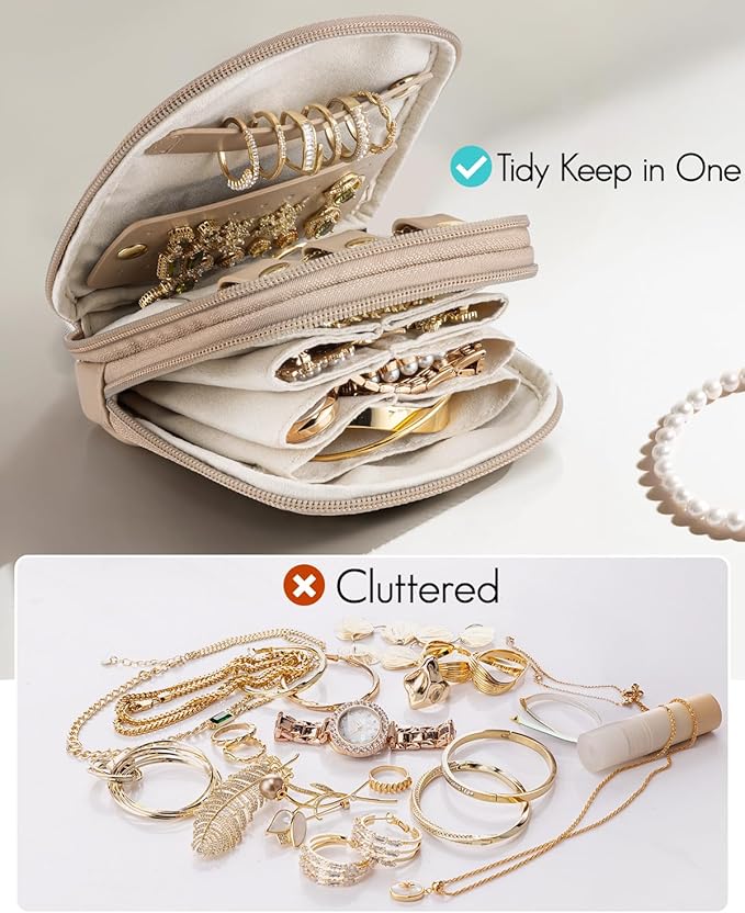 VLANDO Travel Jewelry Case,2-Layer Jewelry Organizer for Travel,Mothers Day Mom Gifts,Multi-Compartment Jewelry Storage for Rings Earrings Necklaces Bracelets-Toffee