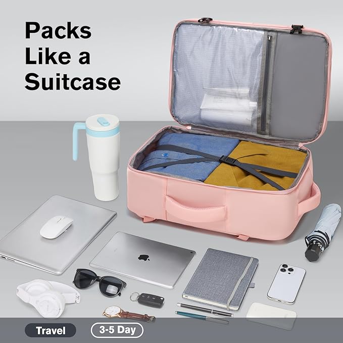 Smart Suitcase-style Laptop Backpack, 25L / 35L Practical Travel Bag for Work, Leisure & Flight, Luggage-Style Commuter Pack (Pink, 35L)