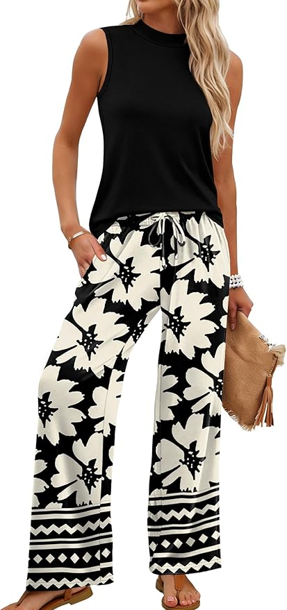 WIHOLL Two Piece Set for Women Summer Spring Outfits Cruise Travel Airport Beach Vacation Mock Neck Wide Leg Pants Set