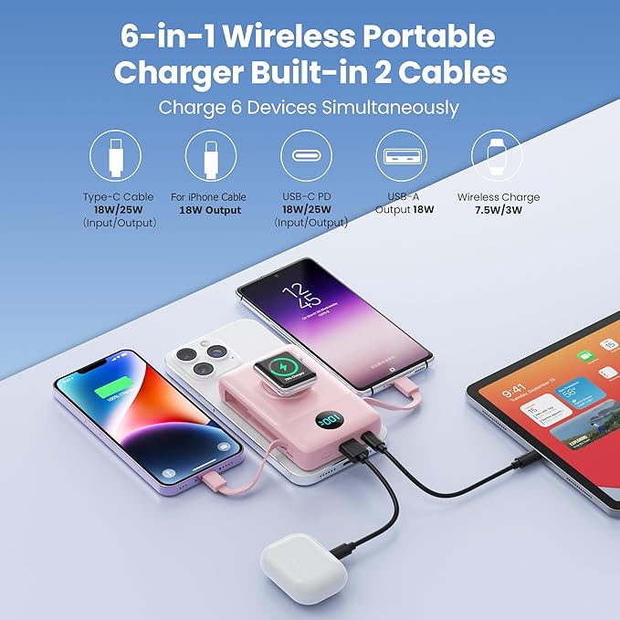 6 in 1 Magnetic Portable Charger for iPhone with Built-in Cables, 10800mAh 25W PD Fast Charging Power Bank, 6 Outputs Travel Essential Battery Pack for iPhone 17/16/15/14/13/12,Apple Watch (Pink)