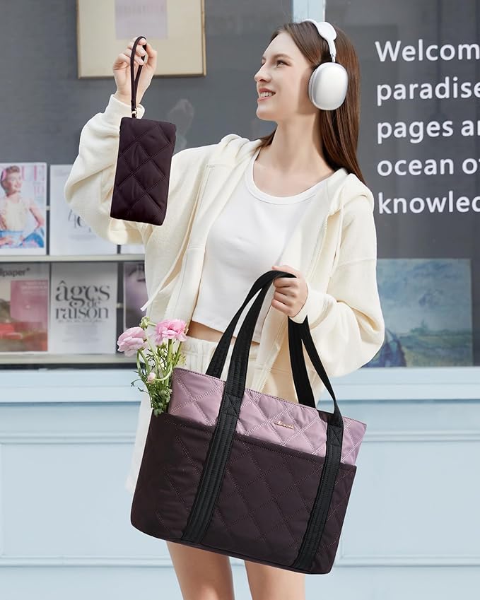 LOVEVOOK Puffer Tote Bag for Women, Puffy Work Handbag with Cup Holder, Travel Carry On Bag with Zipper for Teacher Nurse Gym