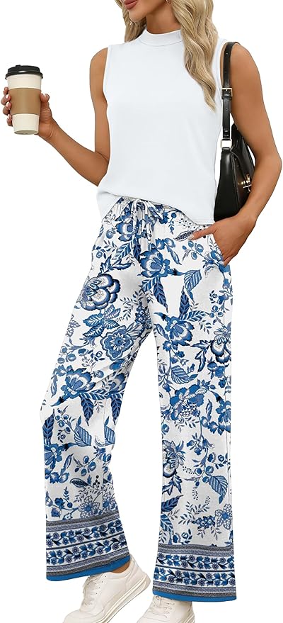 WIHOLL Two Piece Set for Women Summer Spring Outfits Cruise Travel Airport Beach Vacation Mock Neck Wide Leg Pants Set