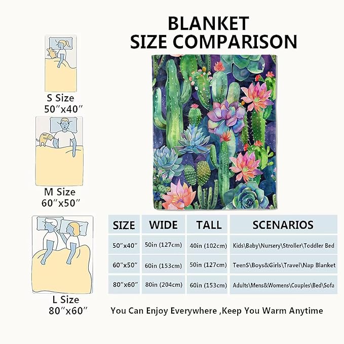 Succulent and Cactus Blanket Plant Garden Throw Blankets Gifts for Kids Adult Lightweight Soft Fleece Cozy for Sofa Couch Bed Room Birthday Boho Spring Decor 60x80in