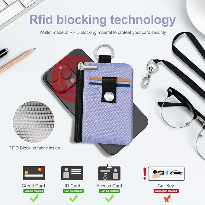 Minimalist RFID Blocking Small Wallet with ID Window,WaterResistant Zip Id Case Wallet with Lanyard Keychain for Cards,Cash,Travel,Women,Men (Lavender Purple)