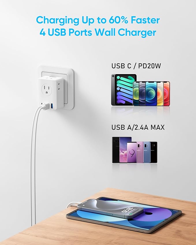 Kakyanill European Travel Plug Adapter Kit, 5ft Detachable Extension Cord with Type C/G/E/F Plug, 4 AC Outlets, 20W USB C Power Delivery, UK Germay France Greece Travel Plug Adapter