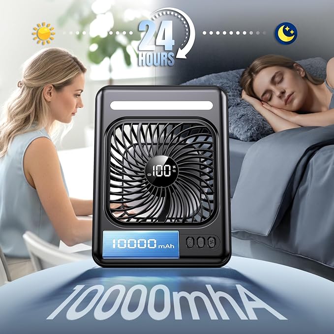 10000mAh Portable Travel Fan, 5 Speeds Strong Wind Cruise Fan with LED Lantern, 24H Runtime Cordless Personal USB Fan, 2/4/6/8H Timer, Ultra-thin Quiet Desk Fan for Camping, Office, Bedroom, Beach