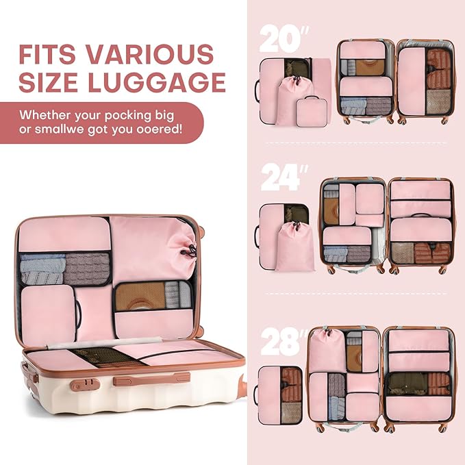 SDGFUI 8 PCS Compression Packing Cubes for Travel Women, Compression Bags Organizer for Luggage Space Saving Travel Essentials and Carry on, Luggage Organizer Bags for Suitcase - Pink