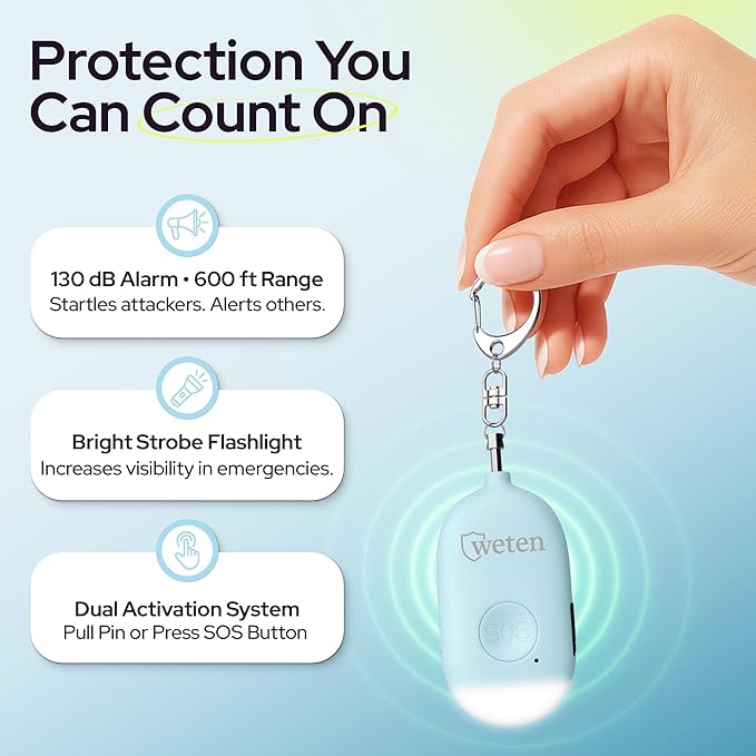 Weten Rechargeable Personal Alarm Keychain - 130dB Siren & LED Light - Stylish Personal Safety Alert for Women to Carry - Panic Button Alarm for Security - Rape Whistle for Self Defense (Blue)