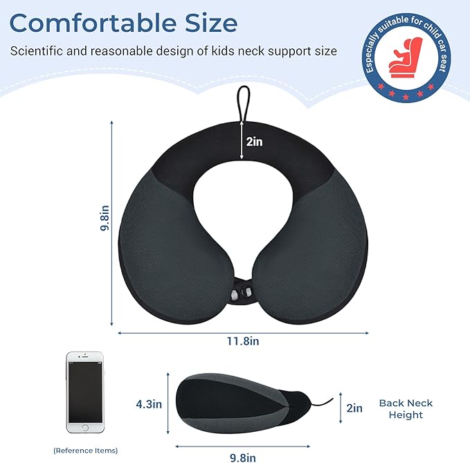 COOLBEBE Kids Travel Neck Pillow for Airplane & Car, Soft Breathable Fabric, Ergonomic Side Support for 3-12 Year Olds, Adjustable Snap Button, Travel Essential for Boys & Girls, Black & Grey