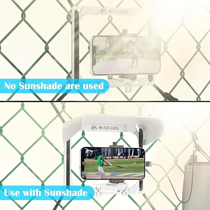 Cell Phone Fence Mount with Shade, Game Recording Mounting Kit Works with Gamechanger, iPhone, Mevo Start, Phones, and GoPro, for Recording Baseball,Softball and Tennis Games(Mini Plus)