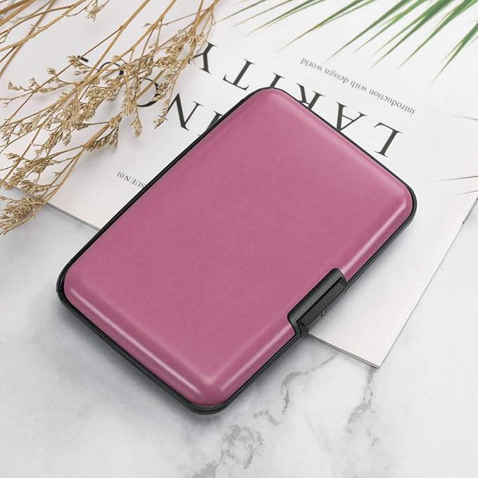 ELFISH RFID Blocking Credit Card Protector Aluminum ID Case Hard Shell Business Card Holders Metal Wallet for Men or Women（Matte Pink