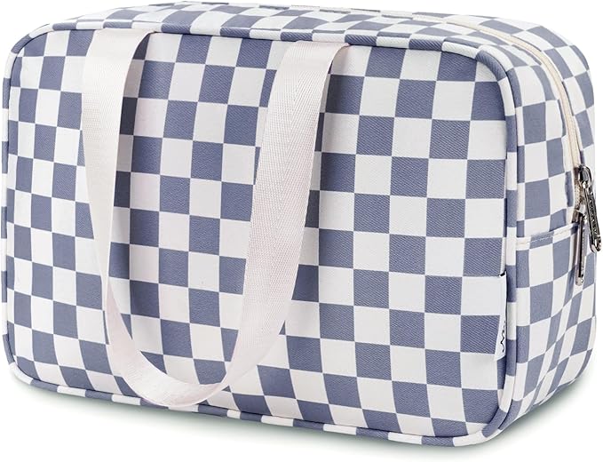 Narwey Large Toiletry Bag Women Large Cosmetic Bag Travel Makeup Bag Organizer Medicine Bag for Toiletries Essentials Accessories (Grayish Blue Checkerboard)