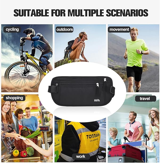 Unisex Money Belt, Slim Passport Holder RFID Blocking Travel Essentials Pouch with Adjustable Strap Small Waist Pouch for Workout Running Travelling Hiking, Black