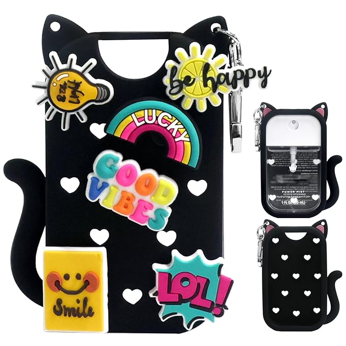 Silicone Case Compatible with Touchland Hand Sanitizer Spray 1 FL OZ/30ML,Stylish & Portable Hand Sanitizer Spray Accessory with 6 Charms Decorations & a Keychain (Black)