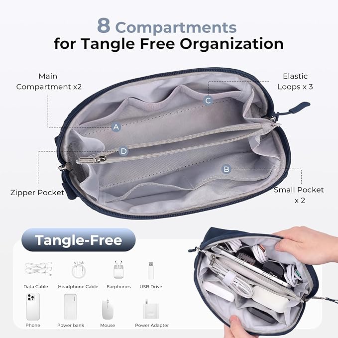 FYY Travel Cable Organizer - 8 Compartments Lightweight Water Resistant Tech Pouch with Wrist Strap, Electronic Accessories Case for Cord Charger Storage for Travel Home Office, Navy (Medium)