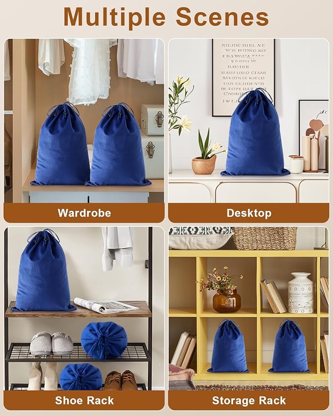 FantasyLife Shoe Bags for Travel, Washable Dust Bags for Storage & Packing, Flannel Shoe Pouch with Drawstring Closure for Purses, Handbags, Shoes & Toys (4, Palace Blue, 17.3"x12.6")
