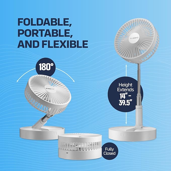 NEXAIR Premium 8" Foldable 4 Speed Portable Fan with Adjustable Height 14” – 39.5 in, Rechargeable Folding Fan For Home And Office, Quiet Floor Fan For Bedroom, Battery Operated Fan For Travel