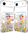 Compatible with iPhone 17 Air Case Card Holder for Women Cute Design,Wallet Phone Cases Transparent Cool Kawaii Protective (Clear Flowers Herbs Wild Plants)