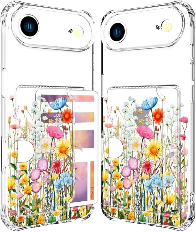 Compatible with iPhone 17 Air Case Card Holder for Women Cute Design,Wallet Phone Cases Transparent Cool Kawaii Protective (Clear Flowers Herbs Wild Plants)