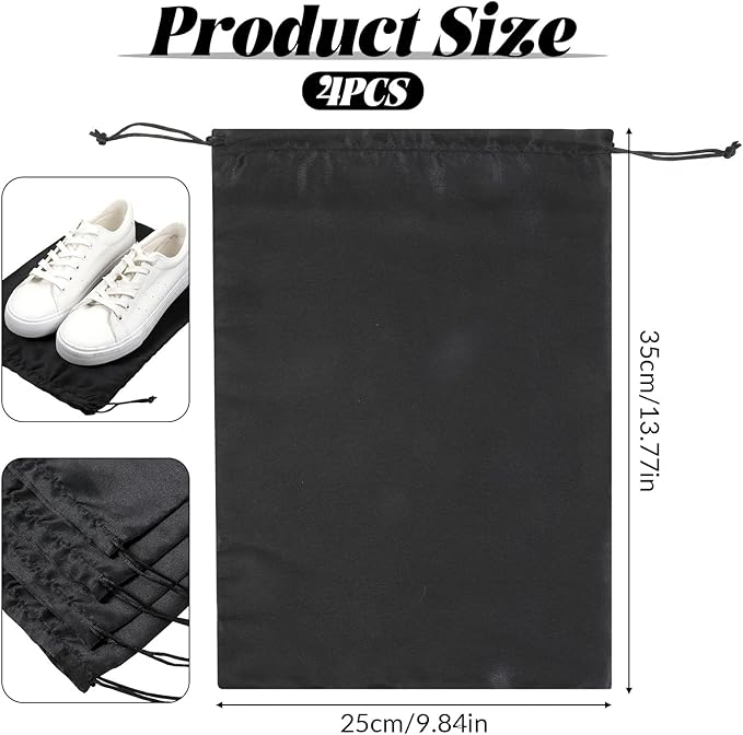 4Pcs Shoe Bags for Travel with Drawstring Closure, Shoe Covers for Travel Home Luggage Storage Shoes Women Men (Black)