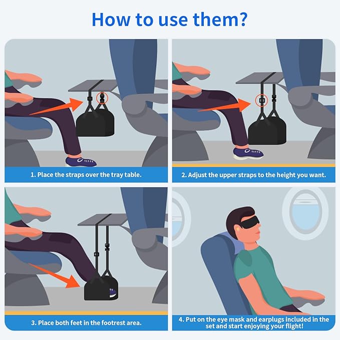 CushZone Airplane Foot Hammock, Foot Rest for Under Desk at Work, Length Adjustable Airplane Foot Rest, Travel Essentials with Eye Mask and Earplugs, Desk Foot Hammock to Relax Your Feet(2 Sets)