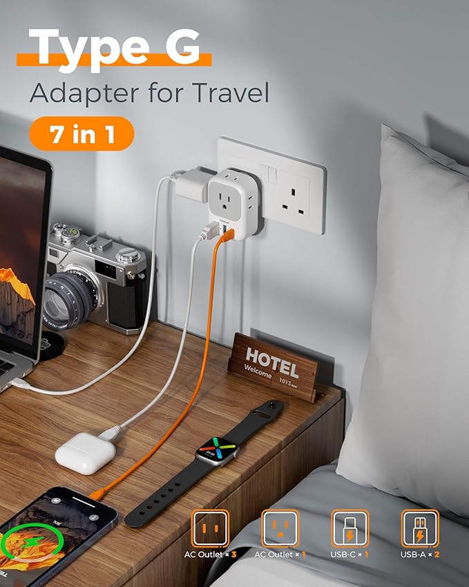 US to UK Plug Adapter, TESSAN Type G Travel Converter with 3 USB Charger(1 USB C Port), 4 Outlets Power Adaptor for USA to Qatar Ireland Hong Kong England Scotland Kenya Dubai London British