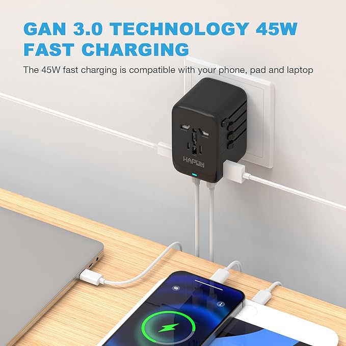HAPOW Universal Travel Adapter, GaN 45W International Power Adapter, 3 USB-C & 1 USB-A Fast Charging Travel Charger, All in One Worldwide Travel Plug Adapter, Outlet Adapter for Europe UK USA AU