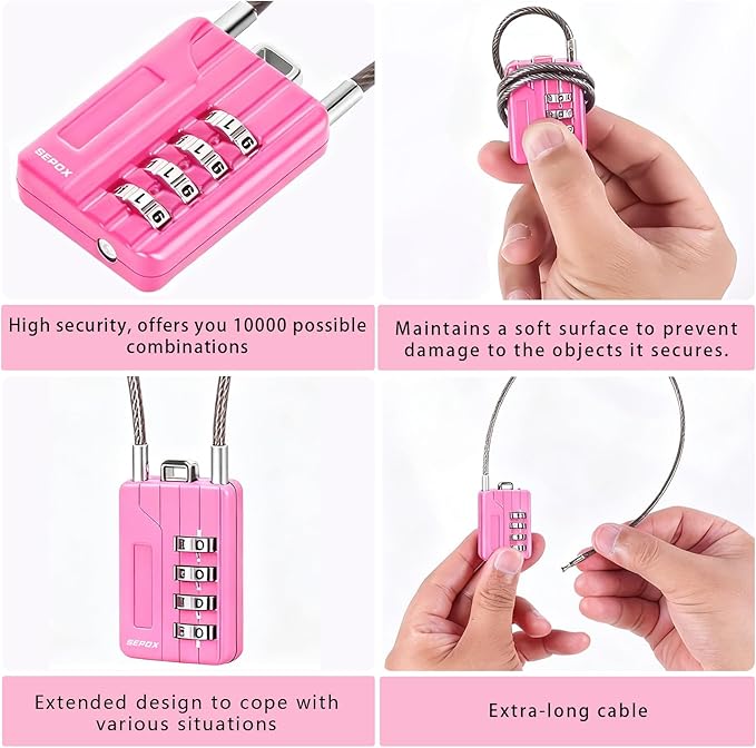 SEPOX® Twins Resettable 4-Digit Combination Padlock, 18cm Compact Vinyl Steel Cable – Multipurpose Lock for Gym Locker, Suitcase, Mini Toolbox – Pink Gym Essentials for Women