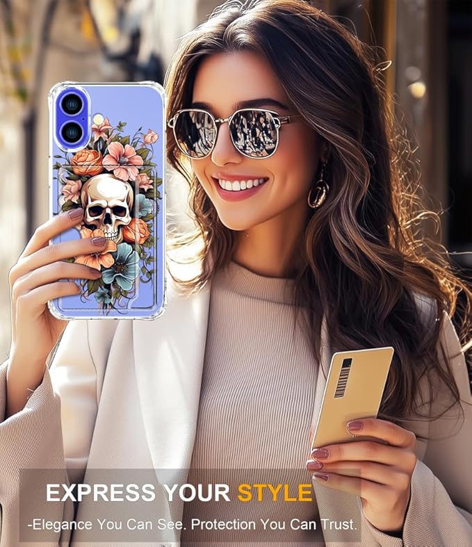 Compatible with iPhone 17 Case Card Holder for Women Cute Design,Wallet Phone Cases Transparent Cool Kawaii Protective (Clear Skull & Flowers)