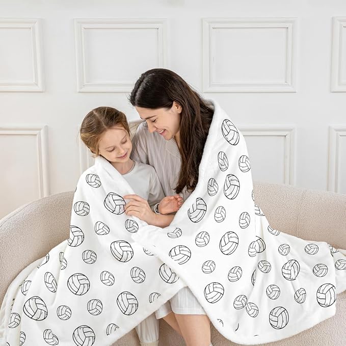 Volleyball Kids Throw Blanket,Ball Sports Games Competition Bed Blanket for Girls Boys Adults,Simple Fashion Cartoon Fleece Blanket,Black White Chic Fuzzy Blanket,Queen Size (90 x 90 Inches)