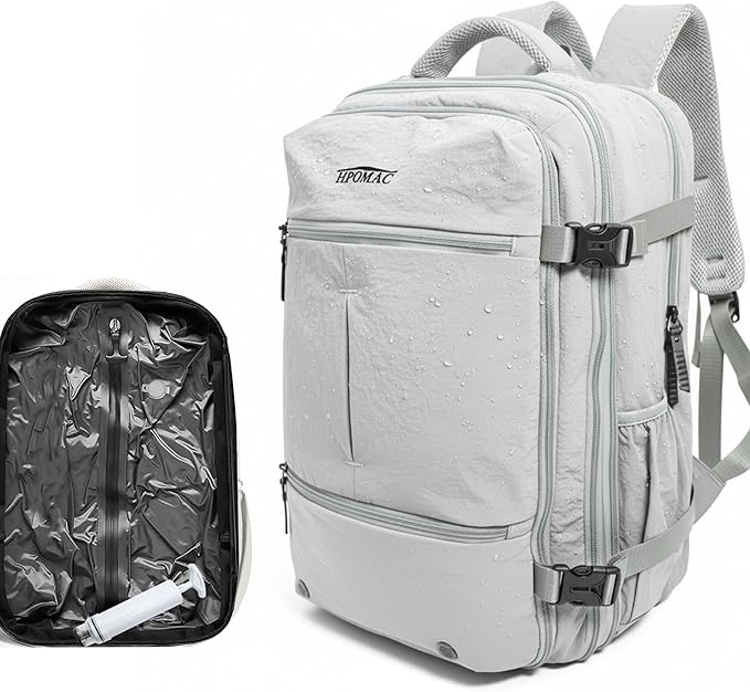 Vacuum Compression Backpack for Travel, Carry-On Backpack with Vacuum System & Pump, Packs Like 55L for 5-7 Day Trips, Fits 17" Laptop, Water-Resistant Business Travel Backpack for Men/Women