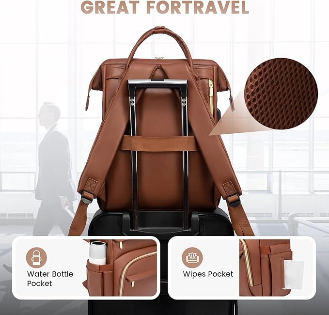 LOVEVOOK Leather Laptop Backpack for Women 18 inch,Travel Backpack Purse Nurse Teacher Backpack Computer Laptop Bag,Professional College Business Work Bags Carry On Backpack with USB Port,Brown