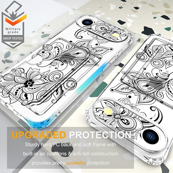 Compatible with iPhone 17 Air Case Card Holder for Women Cute Design,Wallet Phone Cases Transparent Cool Kawaii Protective (Clear Black Henna Flower)